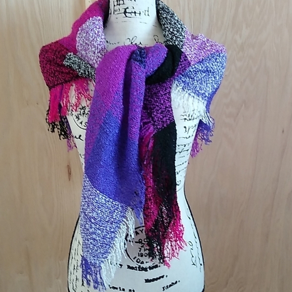 Checked Fringe square scarf purple black pink - Picture 1 of 8